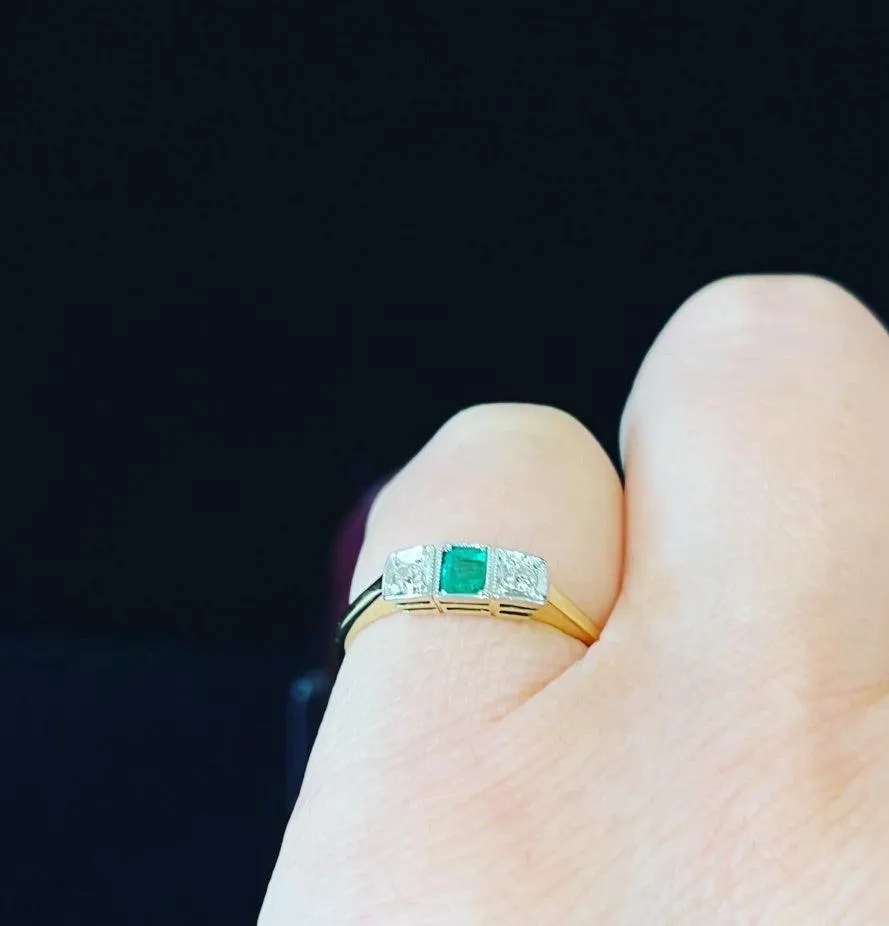 1920s Emerald and Diamond Three Stone Ring