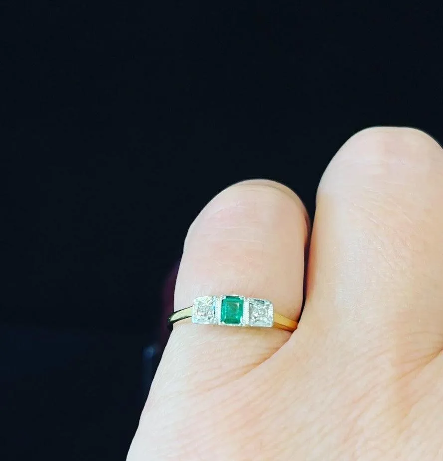 1920s Emerald and Diamond Three Stone Ring