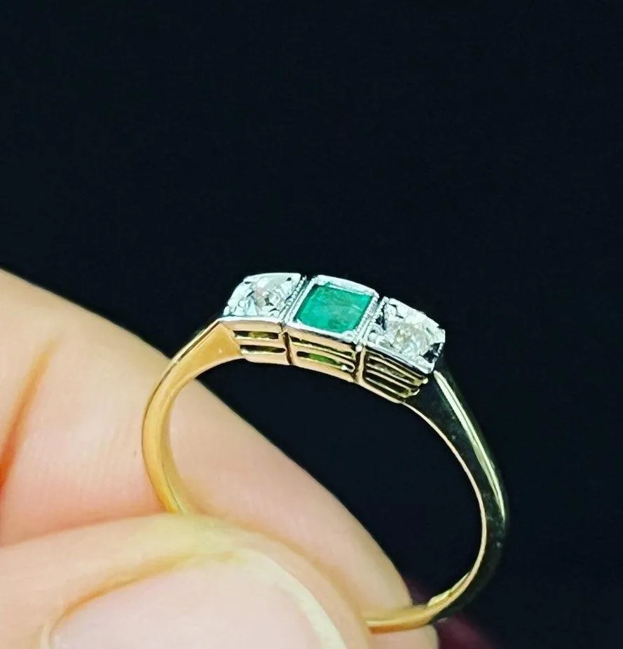 1920s Emerald and Diamond Three Stone Ring