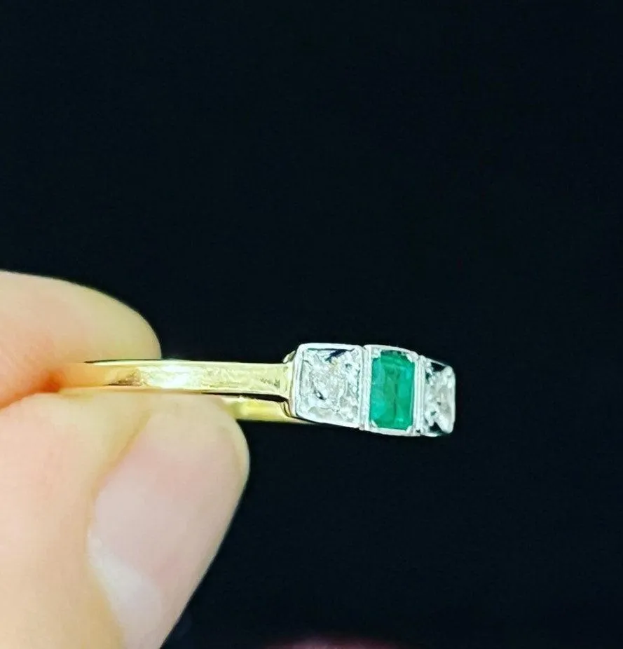 1920s Emerald and Diamond Three Stone Ring