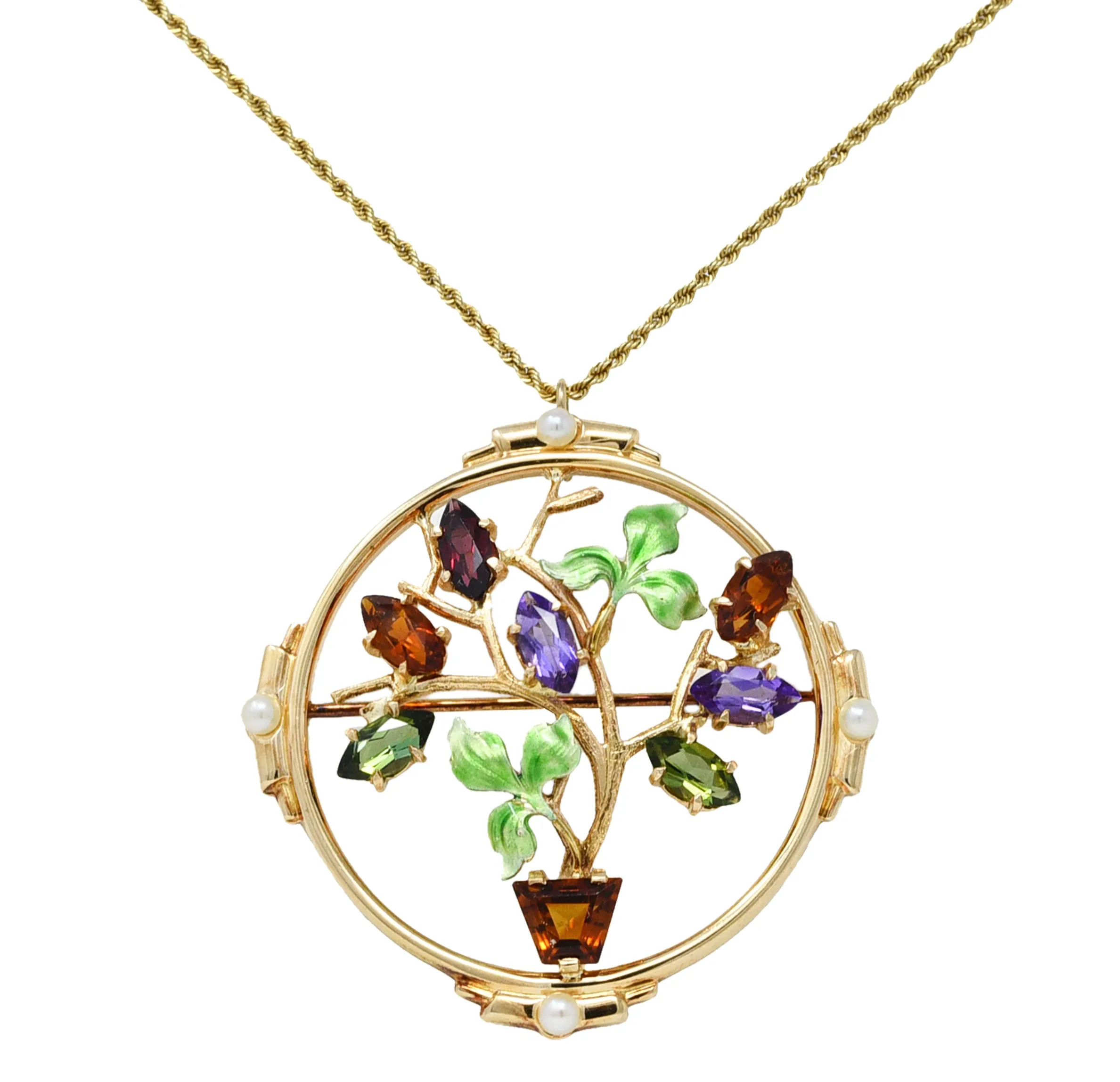 1930's Krementz Enamel Multi-Gem 14 Karat Gold Bouquet Pendant Brooch Necklace