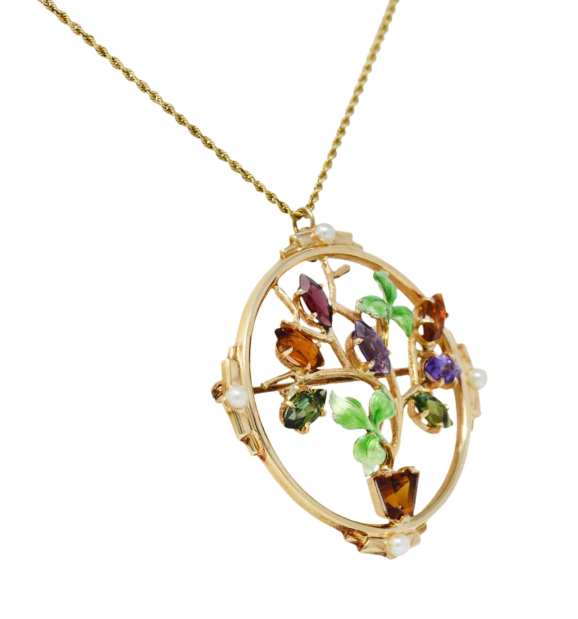 1930's Krementz Enamel Multi-Gem 14 Karat Gold Bouquet Pendant Brooch Necklace