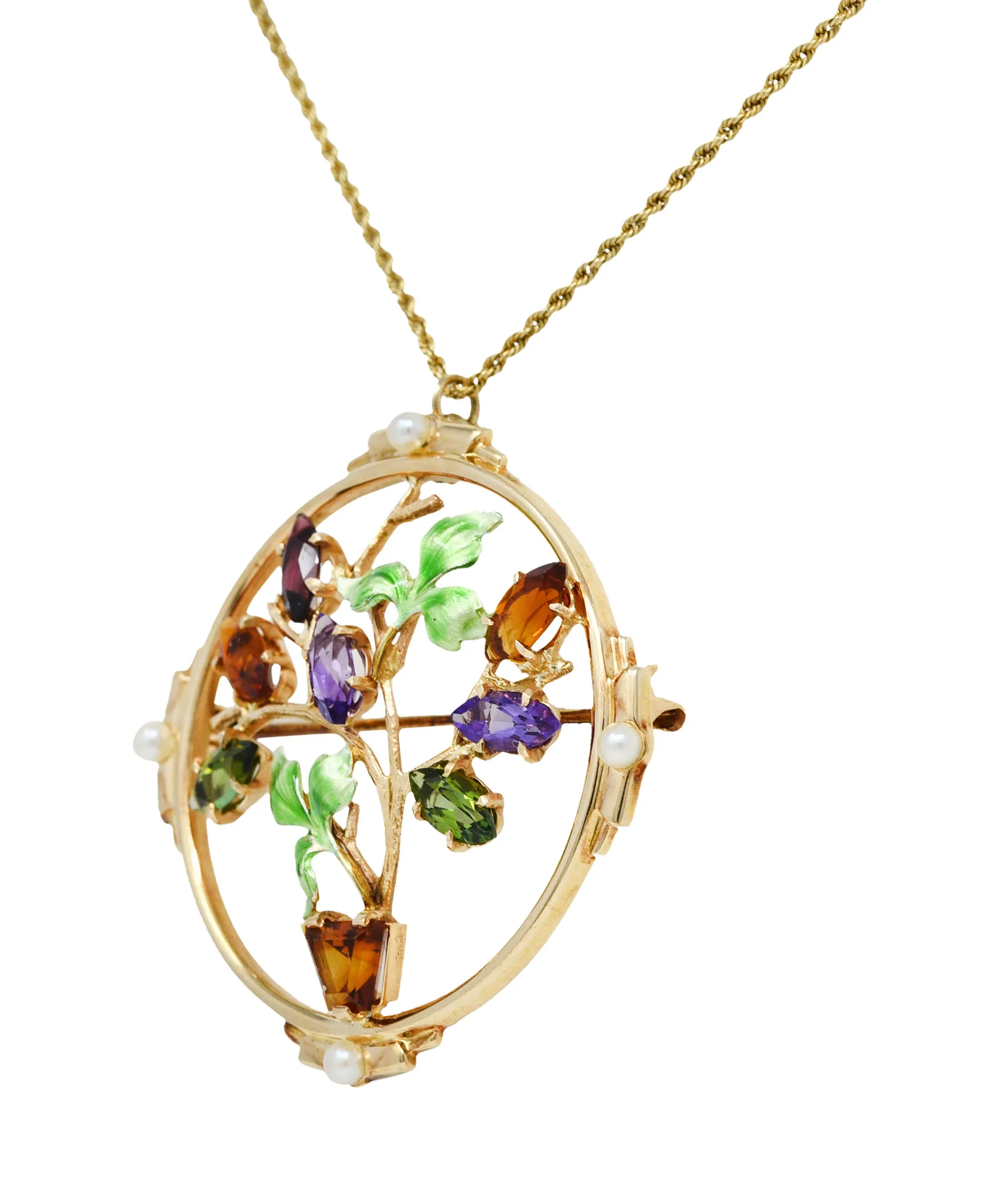 1930's Krementz Enamel Multi-Gem 14 Karat Gold Bouquet Pendant Brooch Necklace