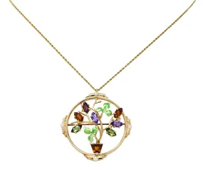 1930's Krementz Enamel Multi-Gem 14 Karat Gold Bouquet Pendant Brooch Necklace