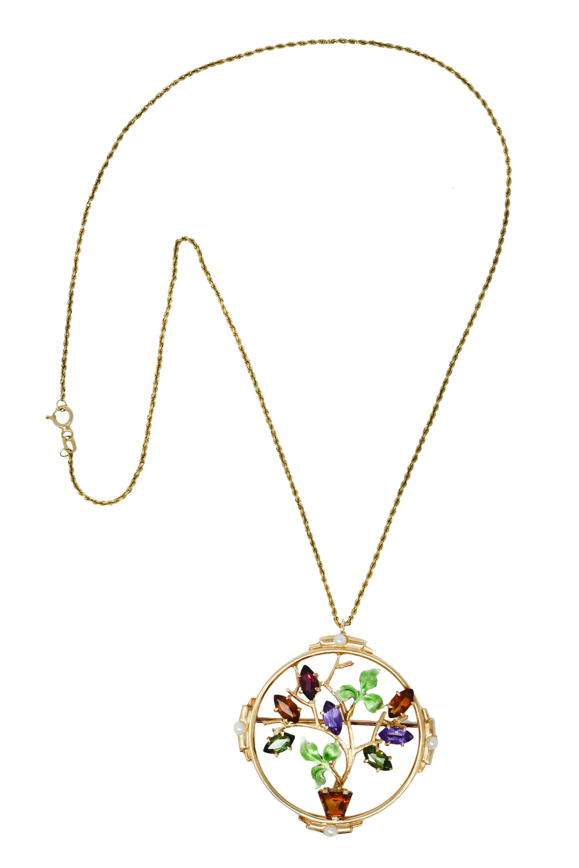 1930's Krementz Enamel Multi-Gem 14 Karat Gold Bouquet Pendant Brooch Necklace