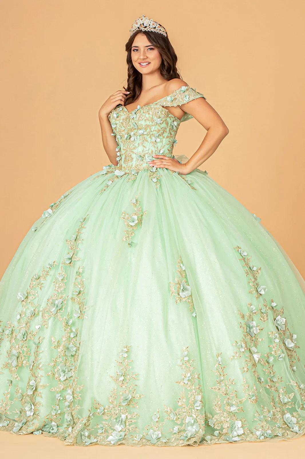 3D Floral Off Shoulder Ball Gown by Elizabeth K GL3102