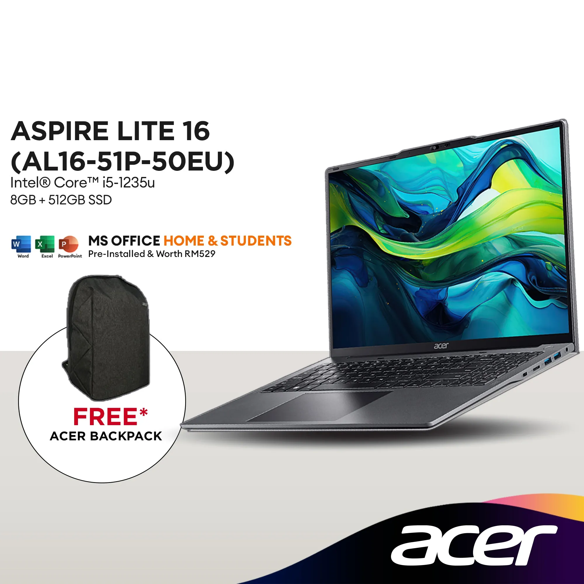 Acer Aspire Lite 16 AL16-51P-50EU 16" WUXGA Laptop (Intel® Core™ i5-1235U | 8GB | 512GB SSD | Intel® UHD Graphics | H&S)