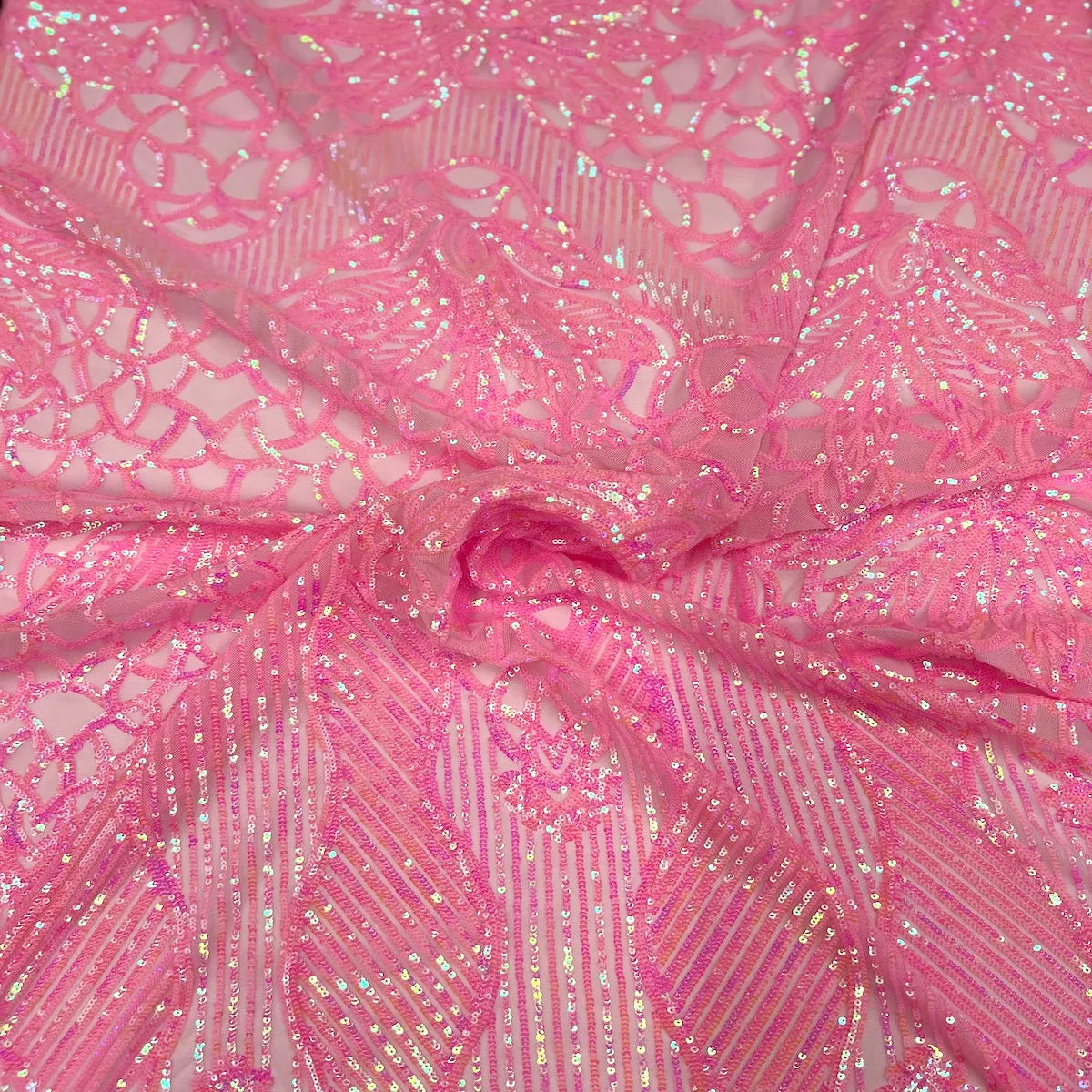 Baby Pink Iridescent Bella Bee Stretch Sequins Lace Fabric