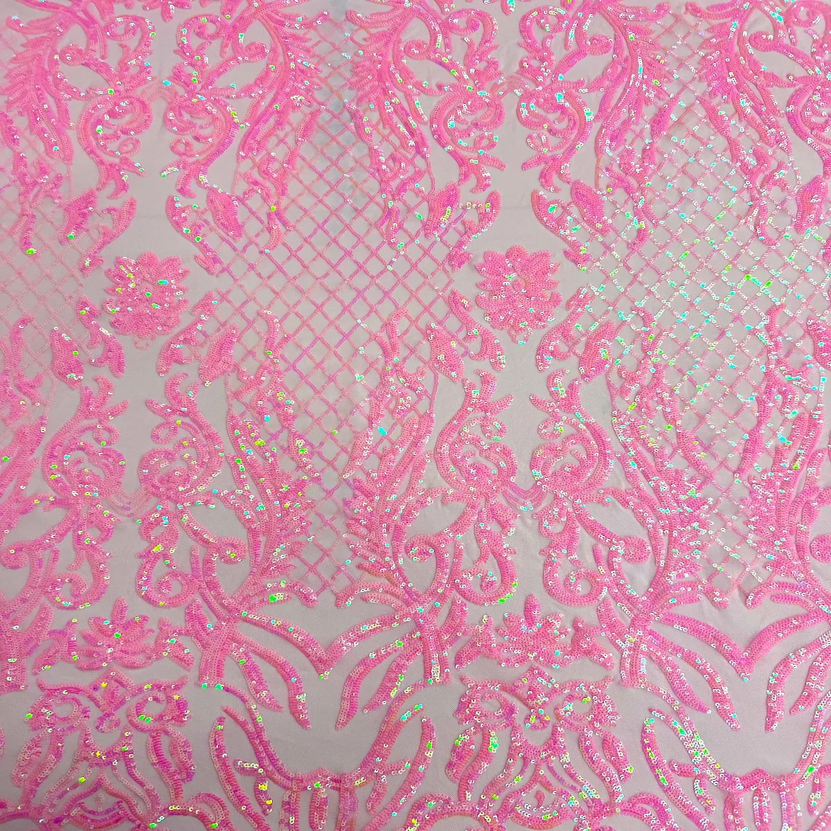 Baby Pink Iridescent Luna Stretch Sequins Lace Fabric