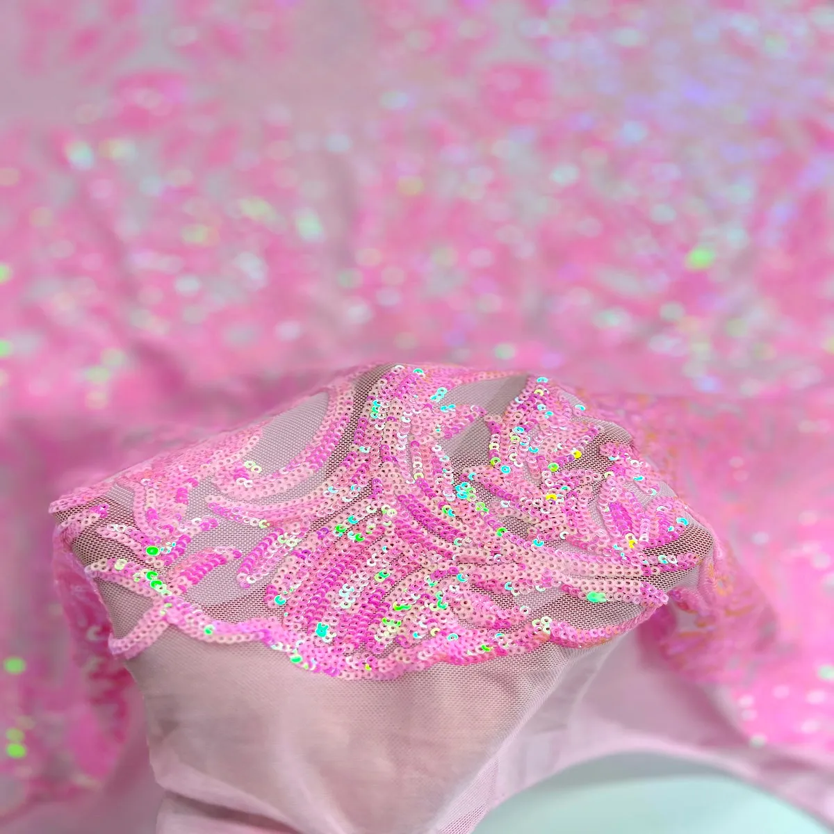 Baby Pink Iridescent Luna Stretch Sequins Lace Fabric