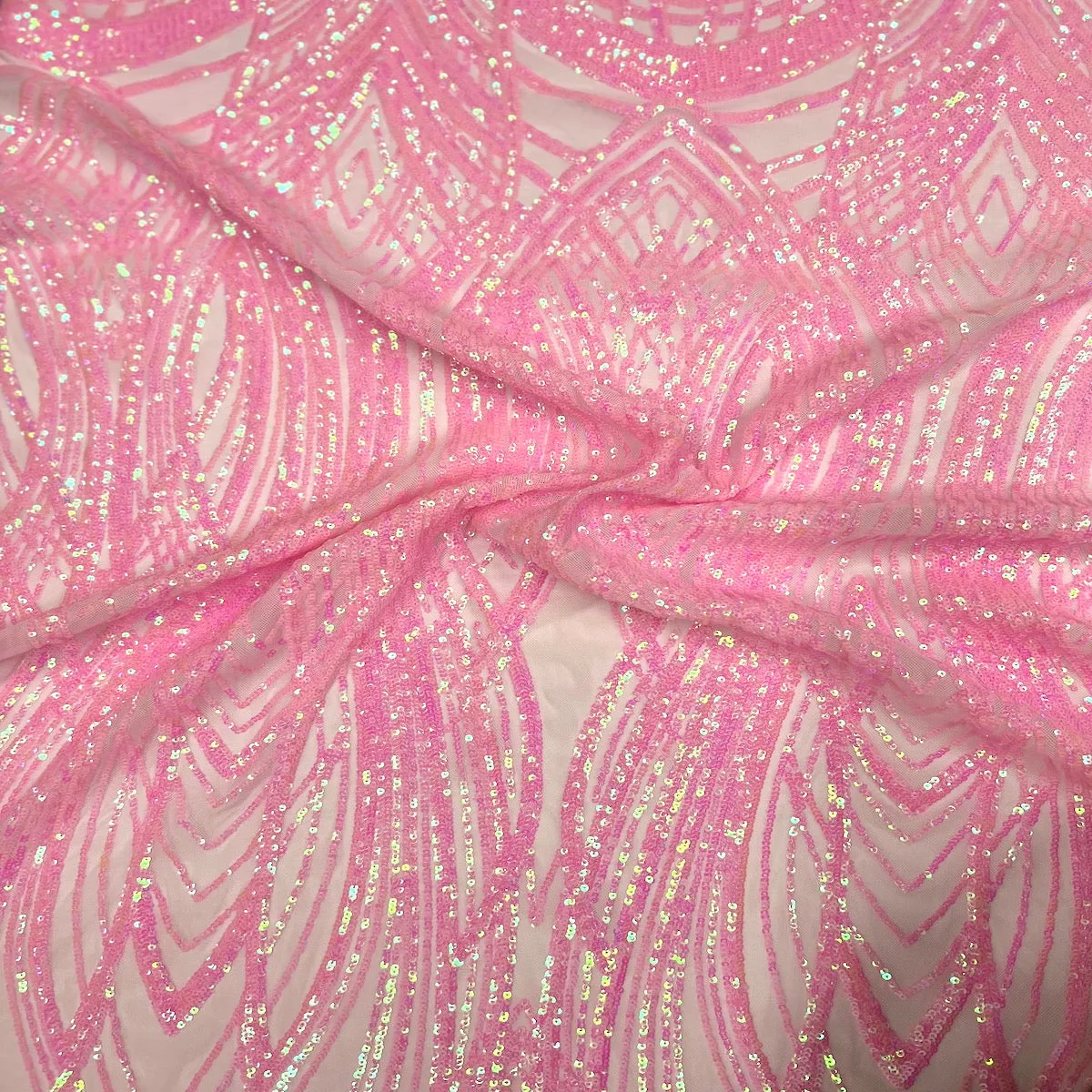 Baby Pink Iridescent Selena Wave Stretch Sequins Lace Fabric