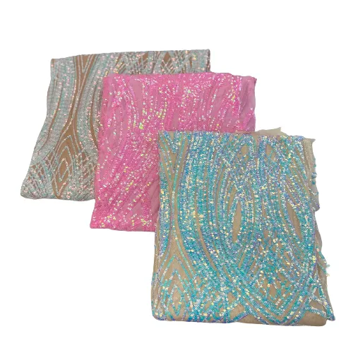 Baby Pink Iridescent Selena Wave Stretch Sequins Lace Fabric