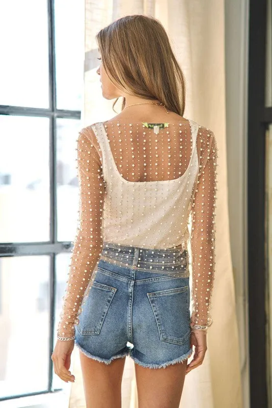 Bead and Pearl Embellished Long Sleeves Mesh Top