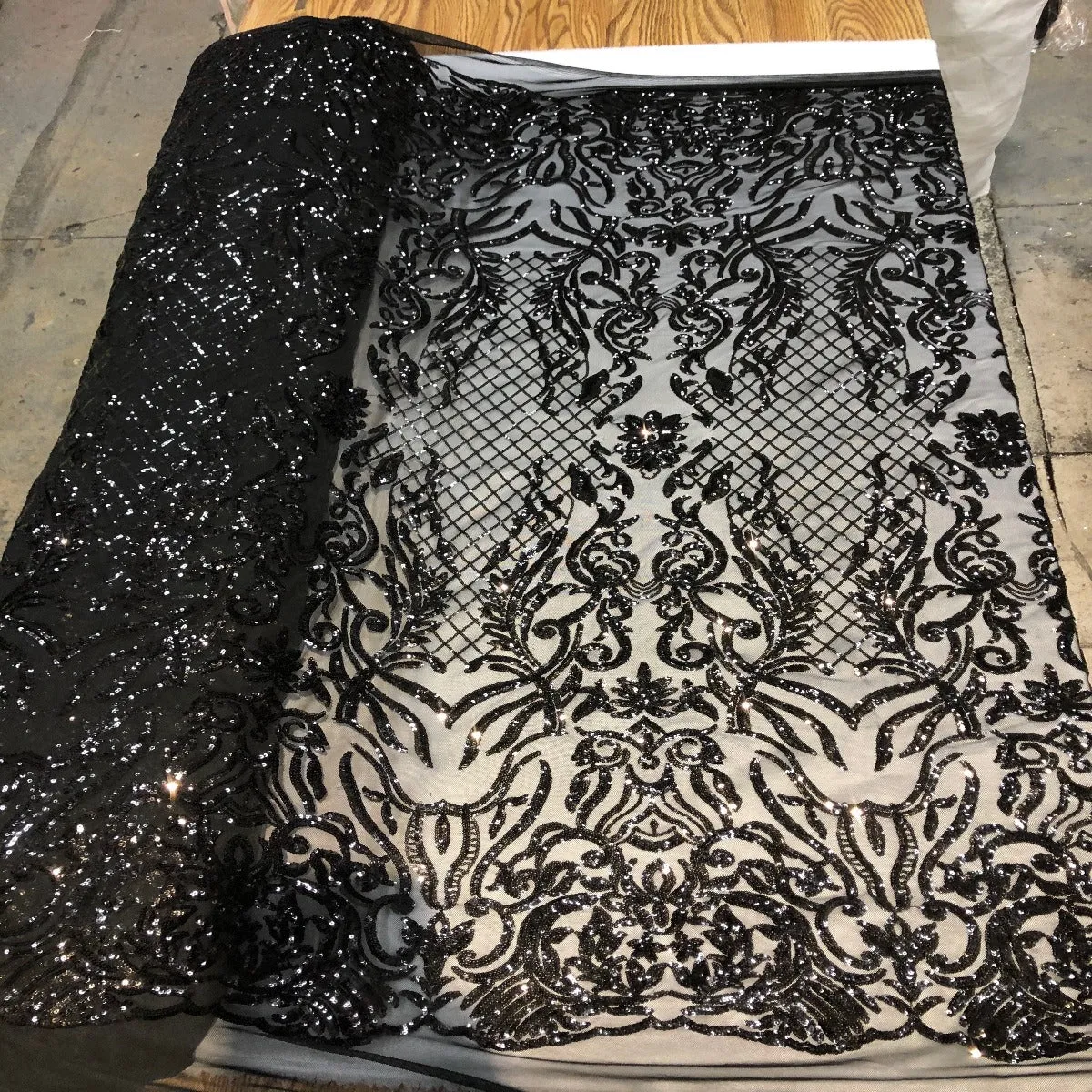 Black Luna Stretch Sequins Lace Fabric