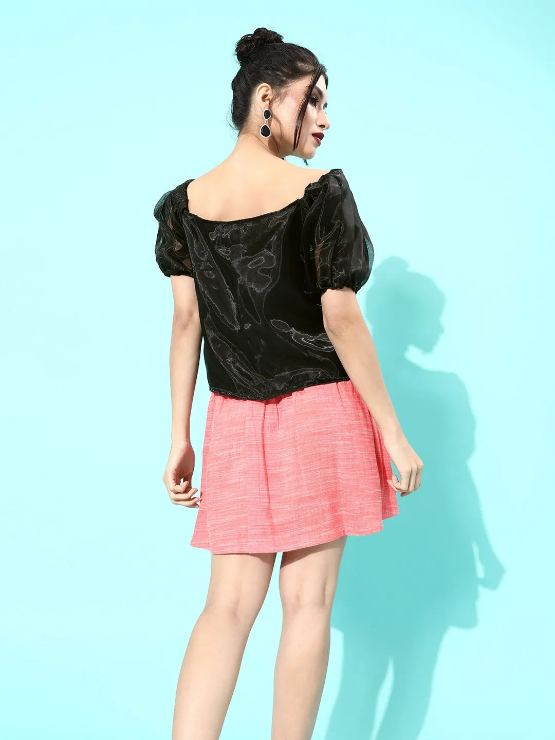 Black Organza Top Peach Skirt Set