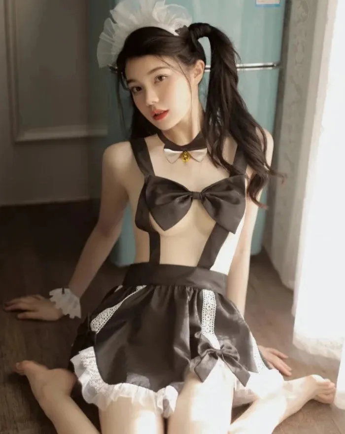 Black Sexy Maid Apron Uniform Ribbon Bra Temptation