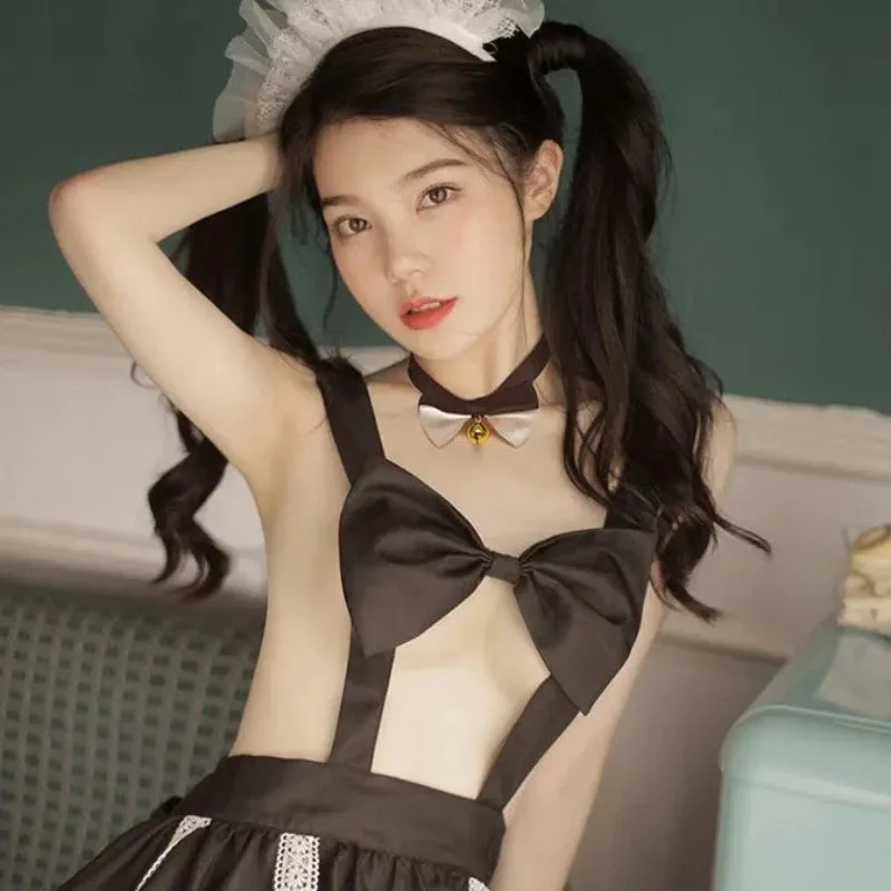 Black Sexy Maid Apron Uniform Ribbon Bra Temptation