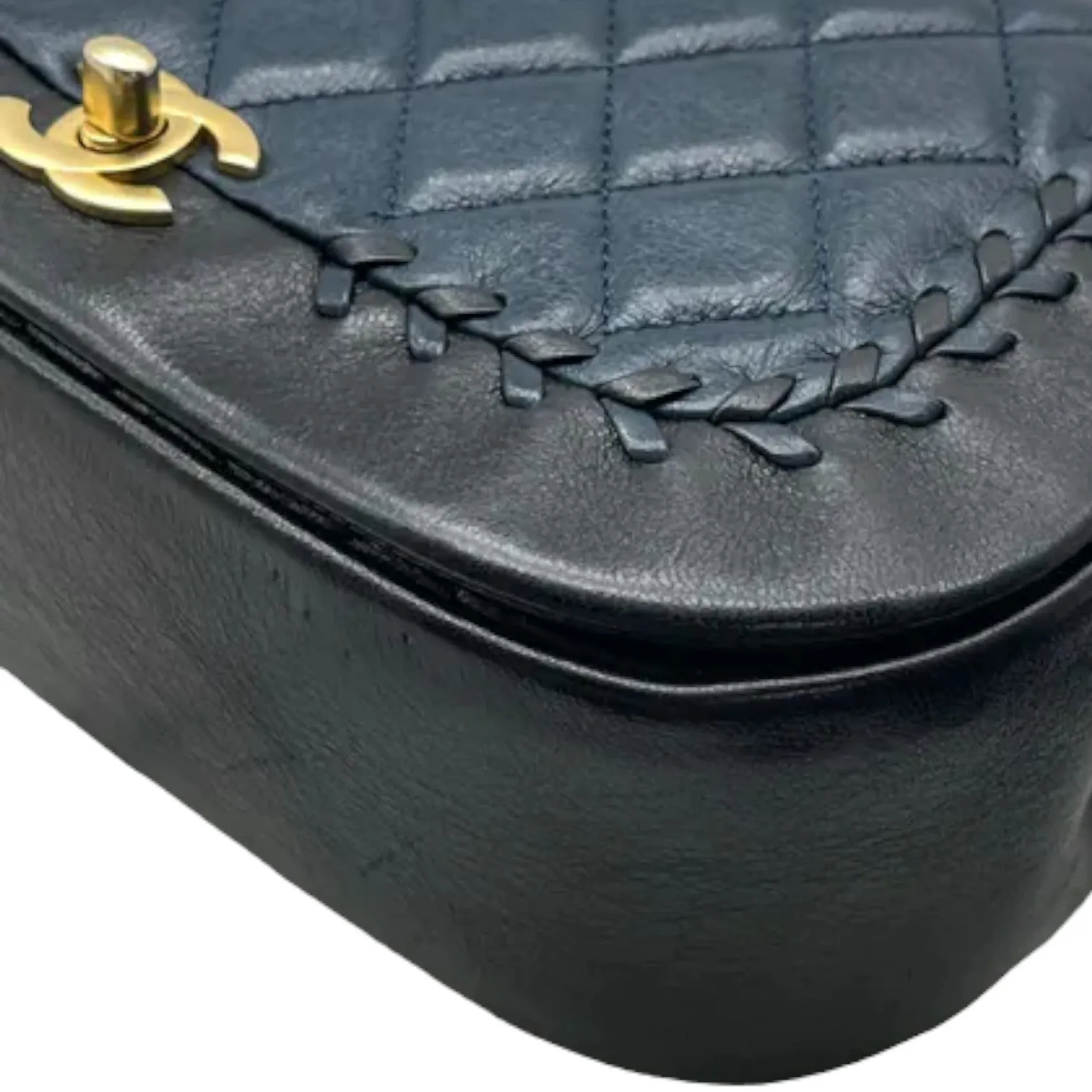 Braided Flap Lambskin Quilted Navy Black GHW