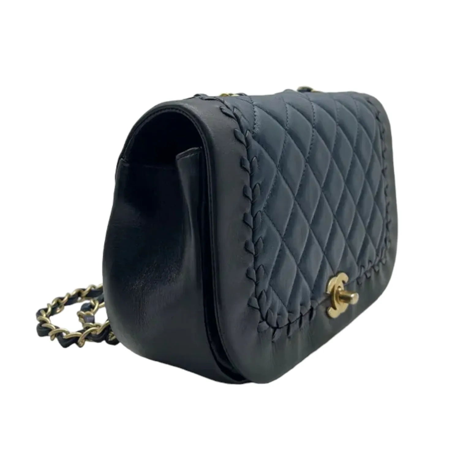 Braided Flap Lambskin Quilted Navy Black GHW