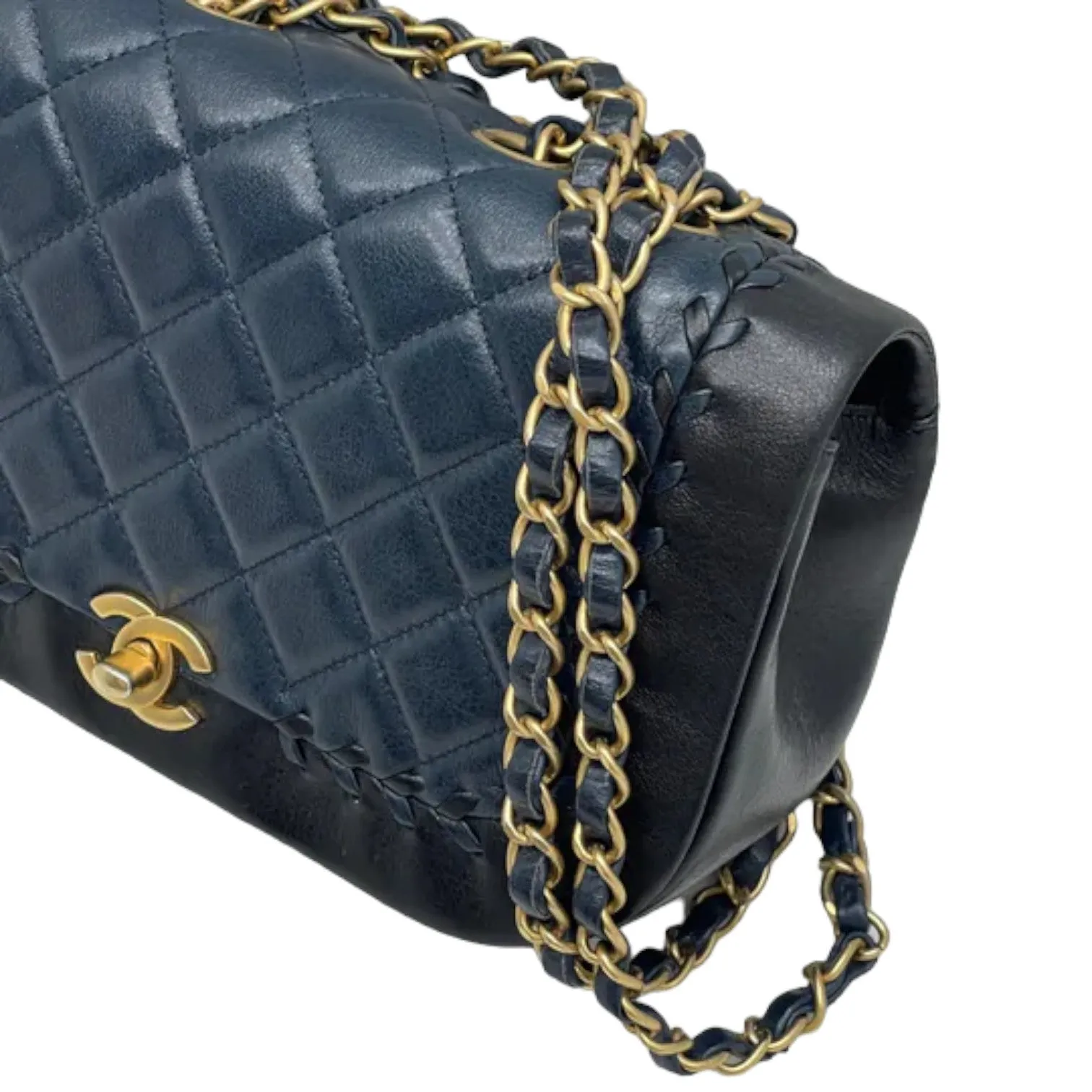 Braided Flap Lambskin Quilted Navy Black GHW