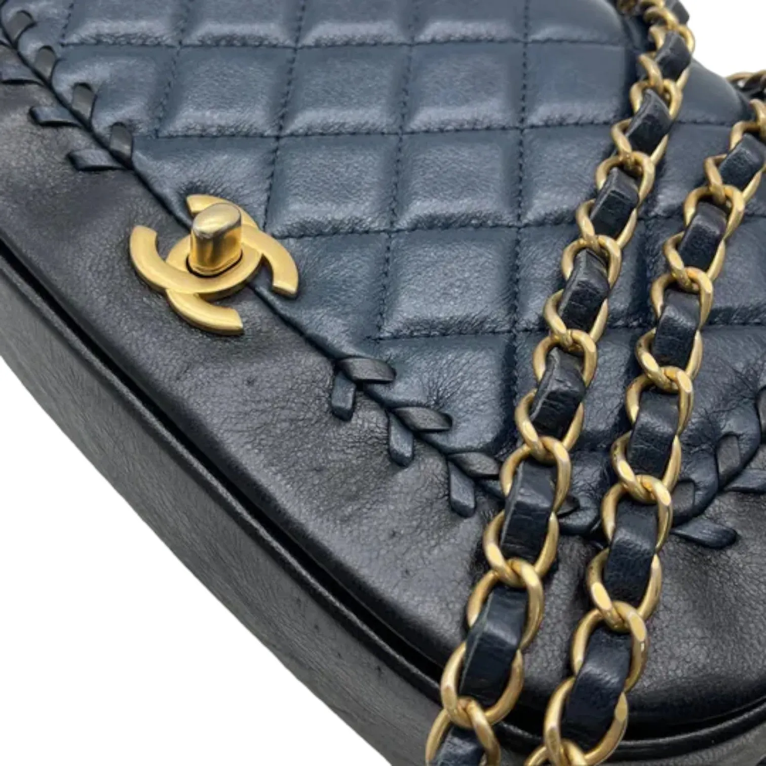 Braided Flap Lambskin Quilted Navy Black GHW