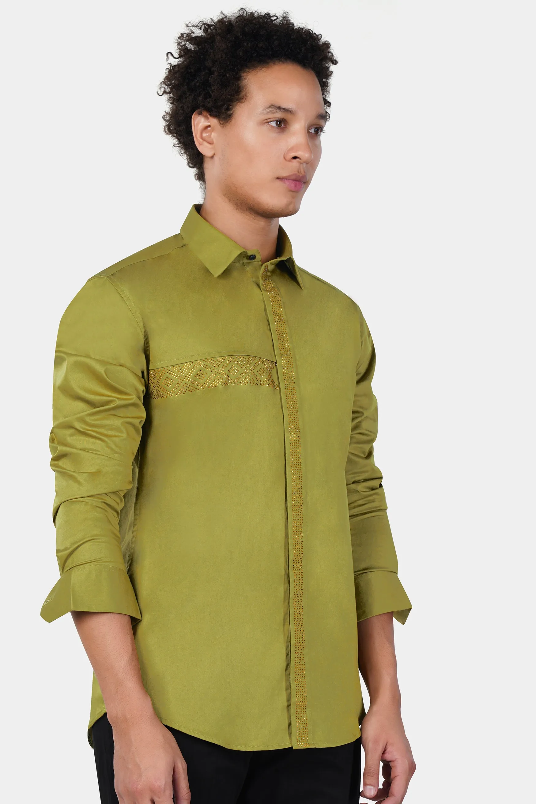 Brass Green Hotfix Pattern Subtle Sheen Super Soft Premium Cotton Designer Shirt