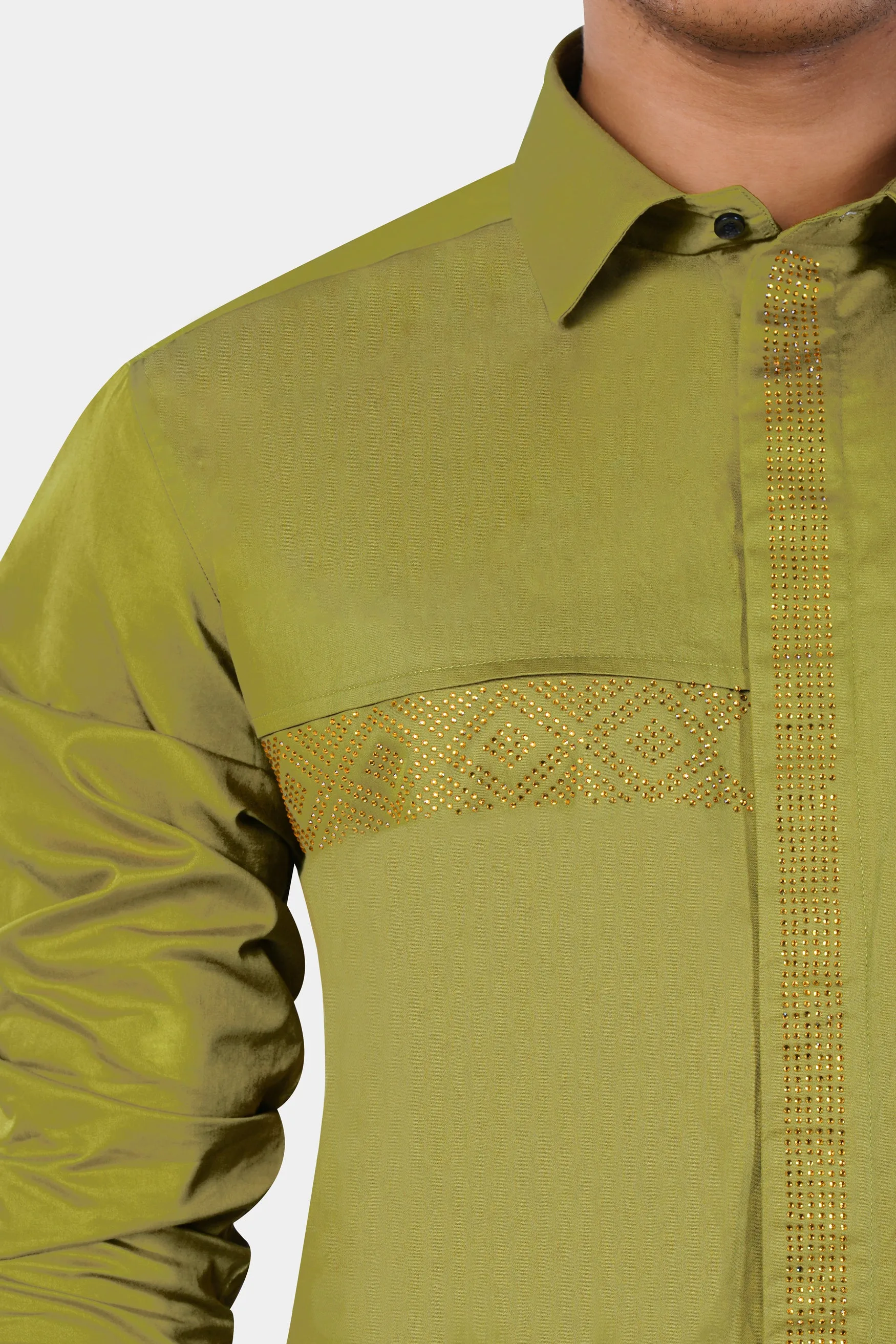 Brass Green Hotfix Pattern Subtle Sheen Super Soft Premium Cotton Designer Shirt