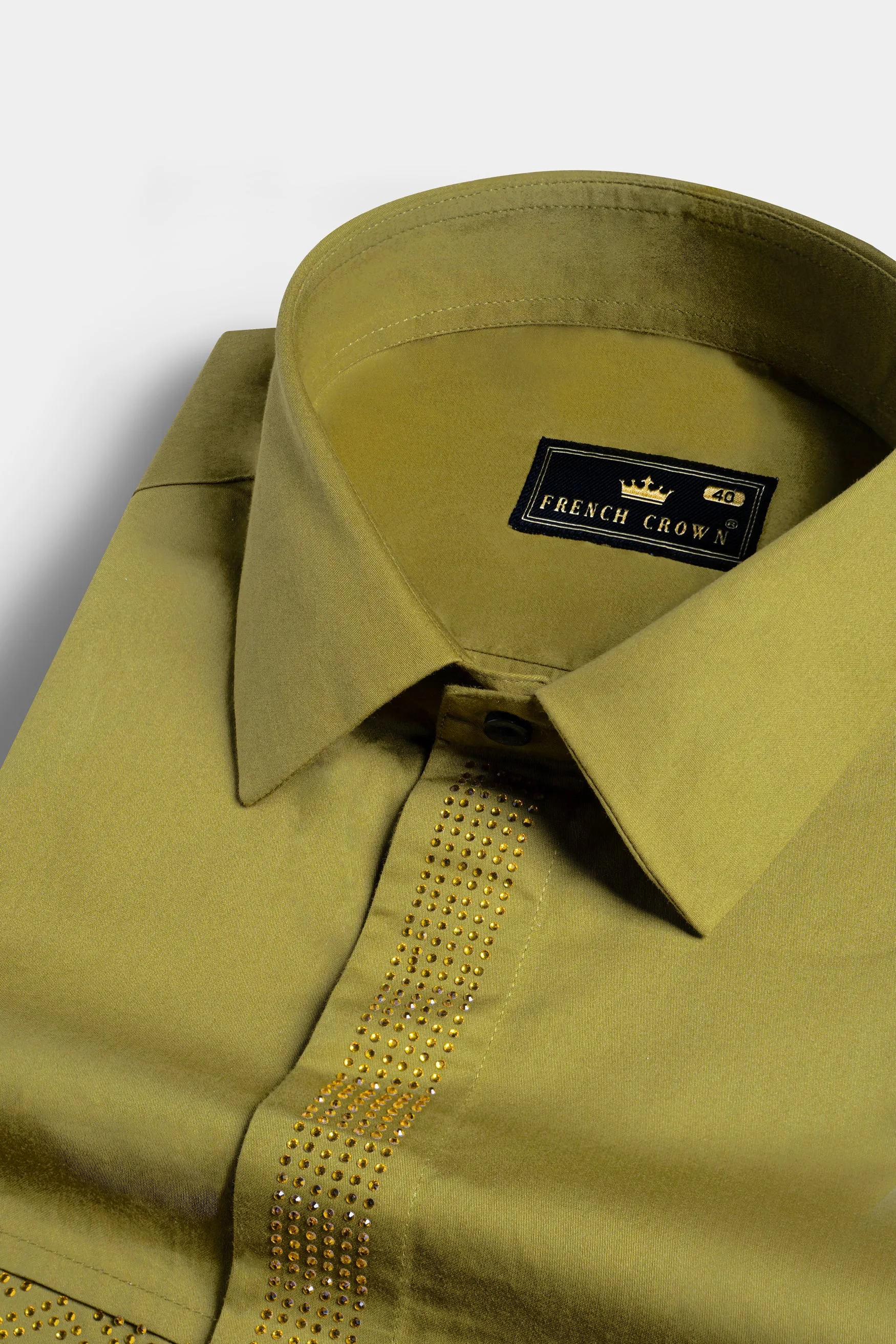 Brass Green Hotfix Pattern Subtle Sheen Super Soft Premium Cotton Designer Shirt