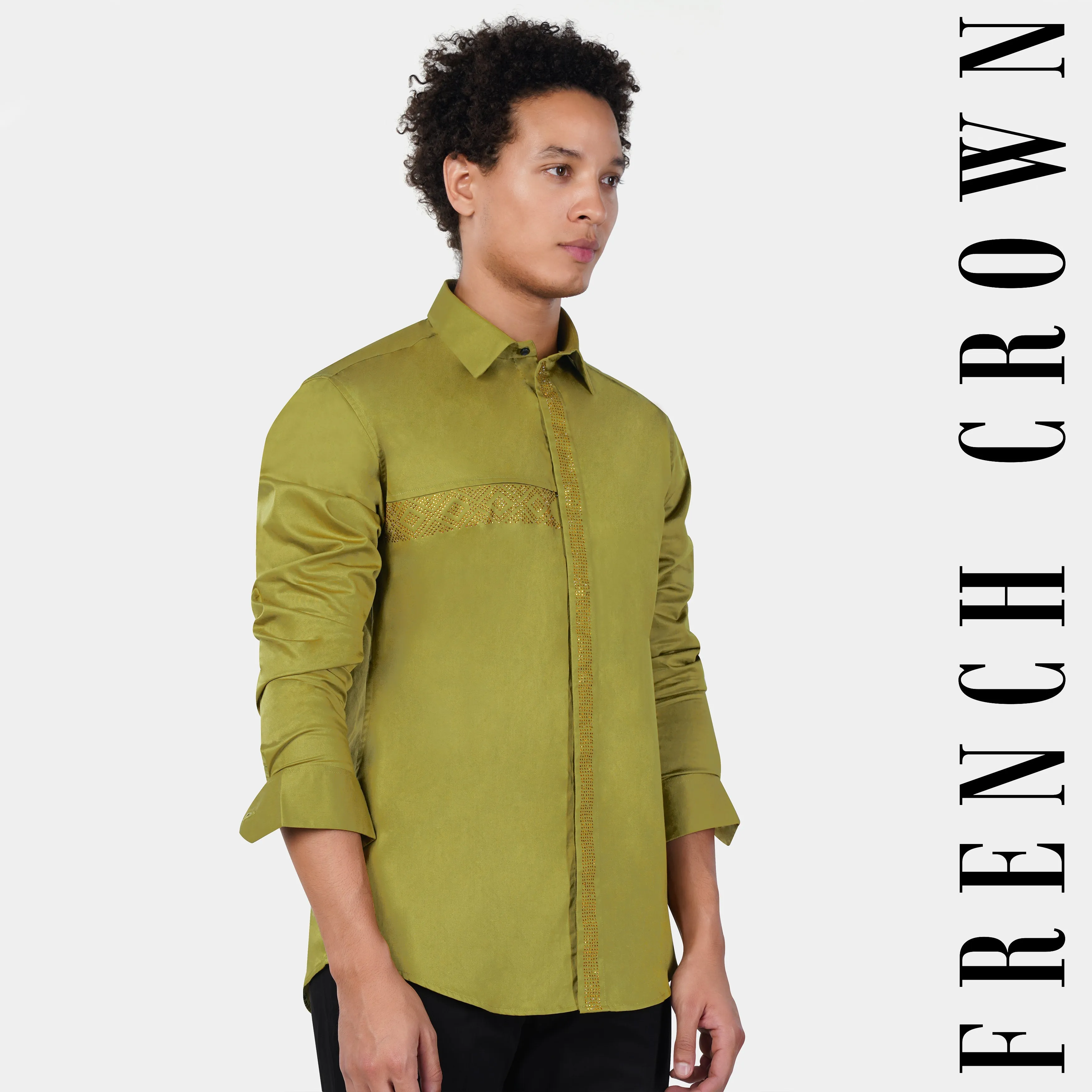 Brass Green Hotfix Pattern Subtle Sheen Super Soft Premium Cotton Designer Shirt