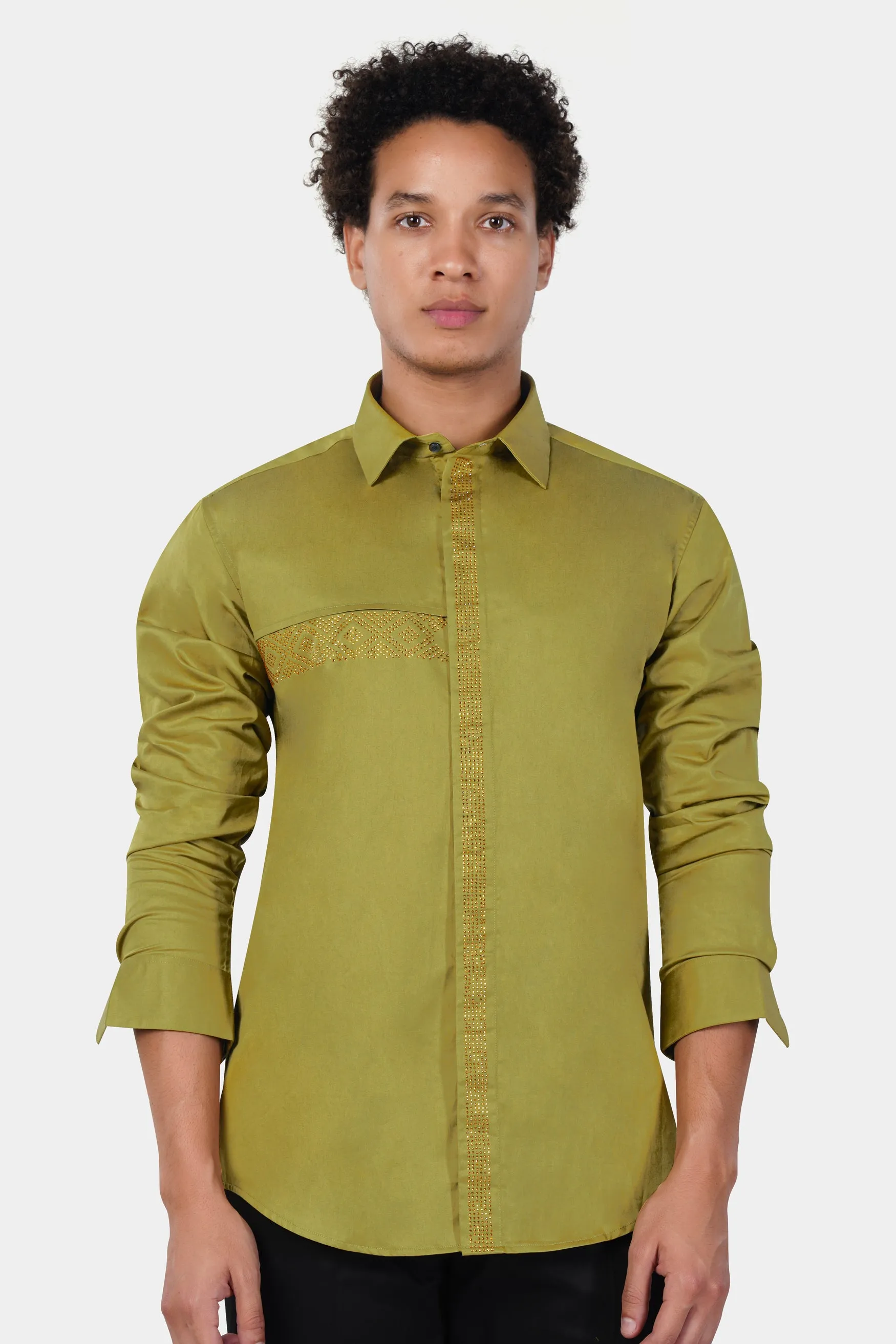 Brass Green Hotfix Pattern Subtle Sheen Super Soft Premium Cotton Designer Shirt