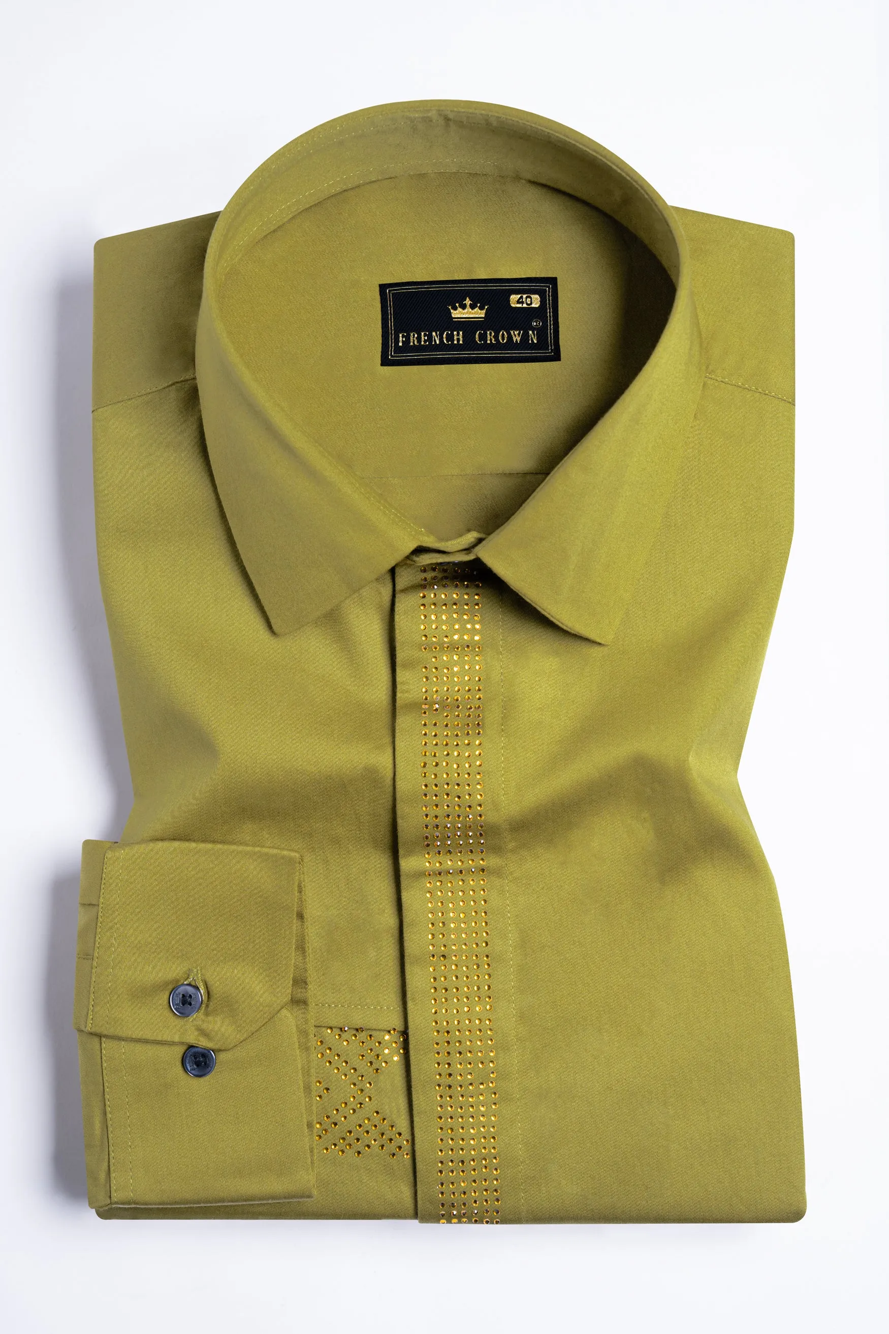 Brass Green Hotfix Pattern Subtle Sheen Super Soft Premium Cotton Designer Shirt