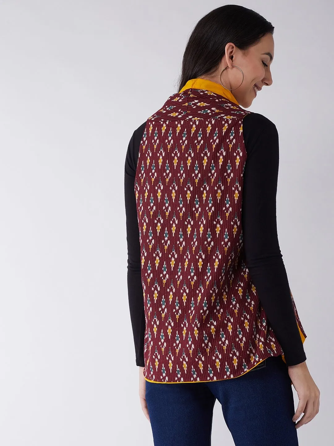 Brown Kantha Ikkat Reversible Shrug