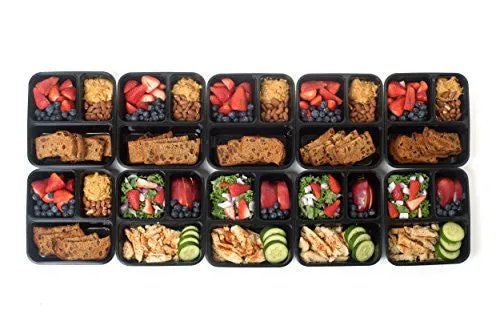 CALIFORNIA HOME GOODS 3 COMPARTMENT BENTO REUSABLE FOOD STORAGE CONTAINERS WITH LIDS, SET OF 10, FOR MEAL PREP, 21 DAY FIX