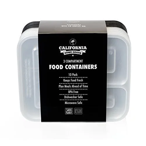 CALIFORNIA HOME GOODS 3 COMPARTMENT BENTO REUSABLE FOOD STORAGE CONTAINERS WITH LIDS, SET OF 10, FOR MEAL PREP, 21 DAY FIX