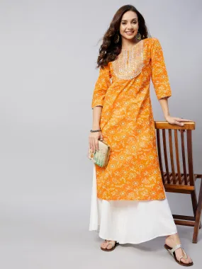 Canary Orange Work Straight Kurta