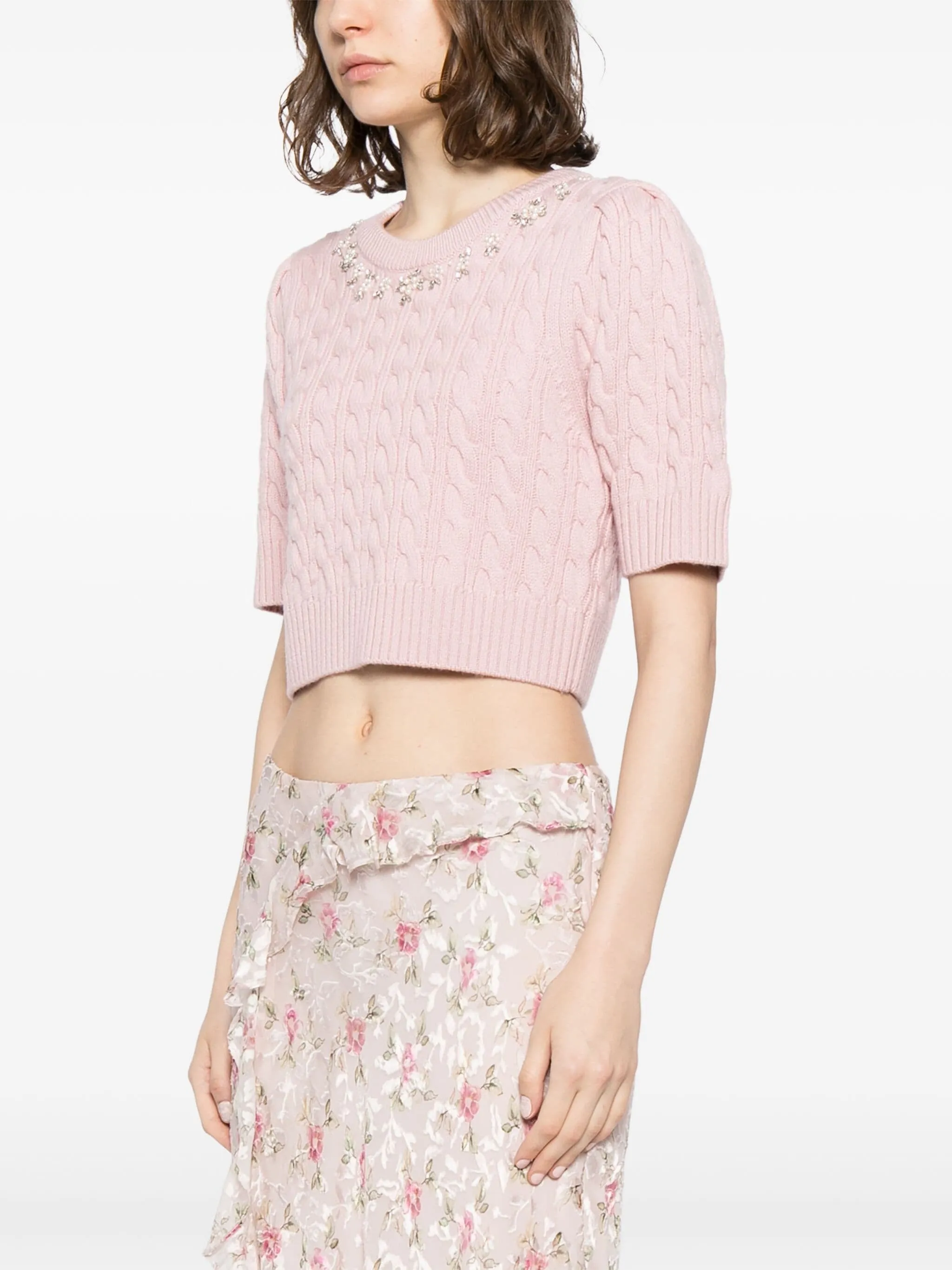 CHAPELLE CROPPED EMBELLISHED CABLE-KNIT SWEATER