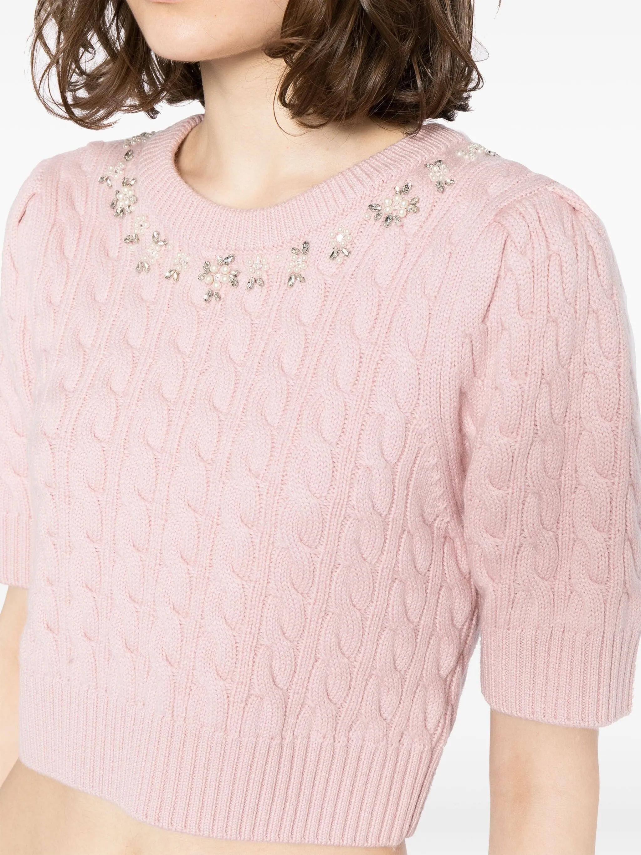 CHAPELLE CROPPED EMBELLISHED CABLE-KNIT SWEATER