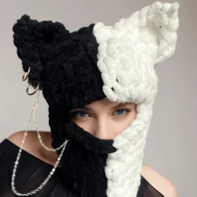 Color Block Cat Ear Knitted Balaclava Hat