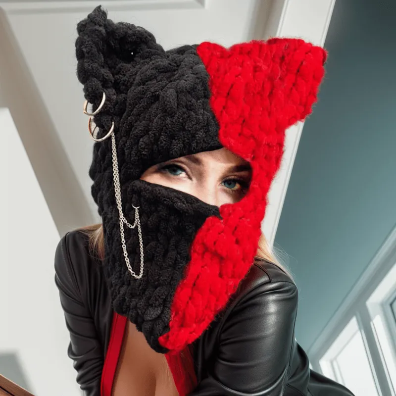 Color Block Cat Ear Knitted Balaclava Hat