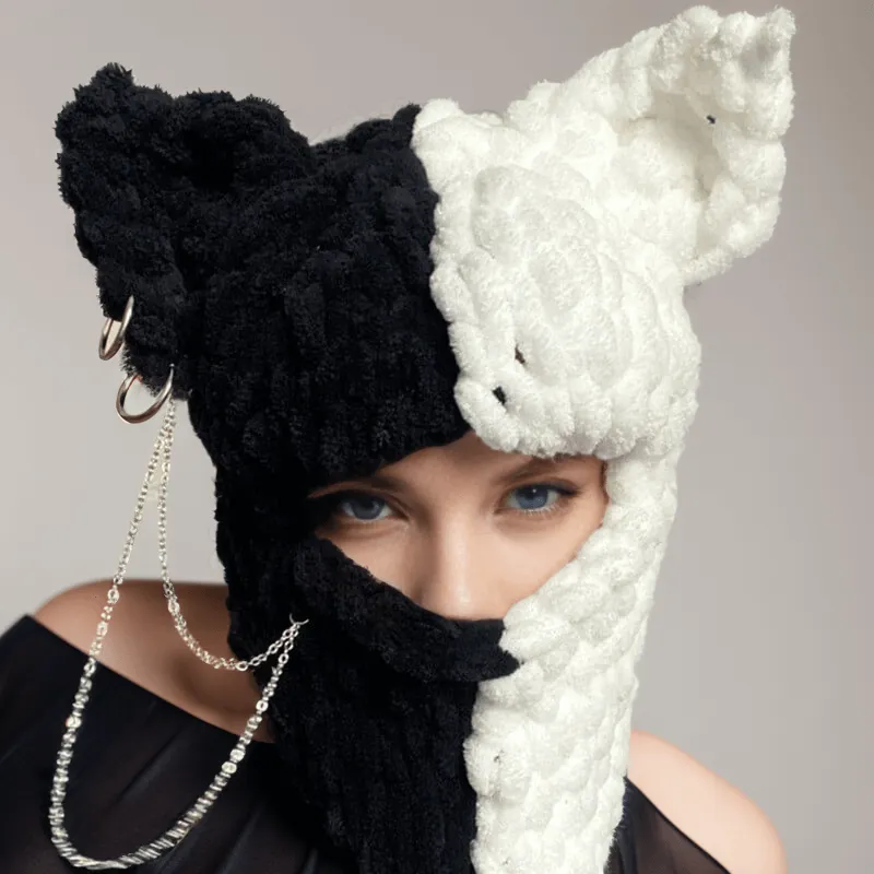 Color Block Cat Ear Knitted Balaclava Hat