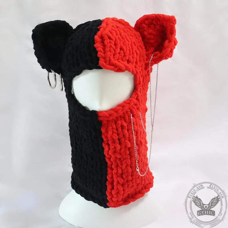 Color Block Cat Ear Knitted Balaclava Hat