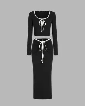 Contrasting Binding Crop Top & Piping Knitted  Ruched Maxi Skirt