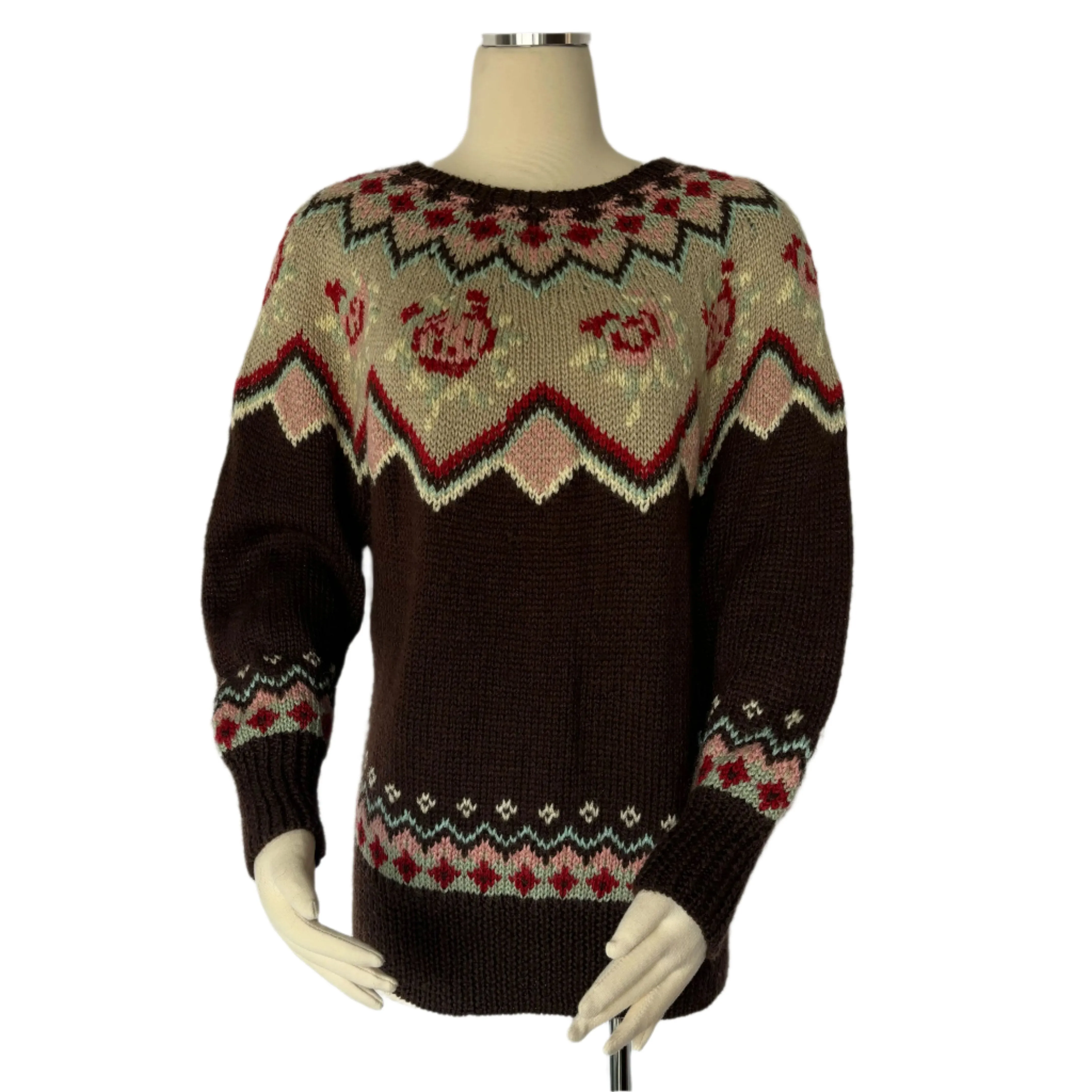 Cute Brown & Pink Vintage Pattern Wool Knit Sweater