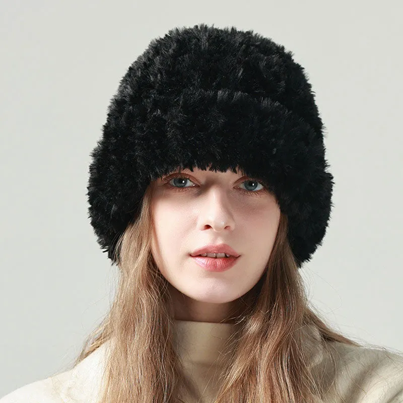 Cute Solid Color Fluffy Faux Fur Warm Winter Knitted Bucket Hat