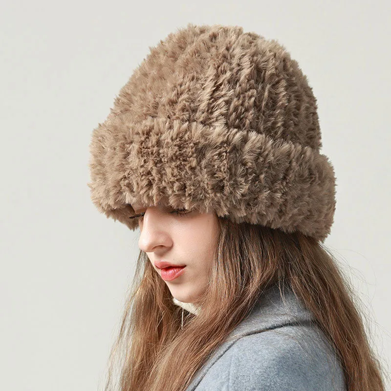 Cute Solid Color Fluffy Faux Fur Warm Winter Knitted Bucket Hat