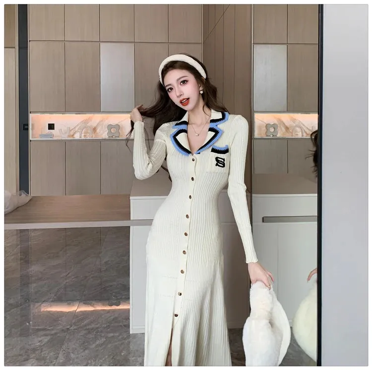 Cute Sweet Polo Collar Knitted Dresses for Women 2023 New Fashion Autumn Winter Thickening Knit Sweater Slim Ladies Long Dress