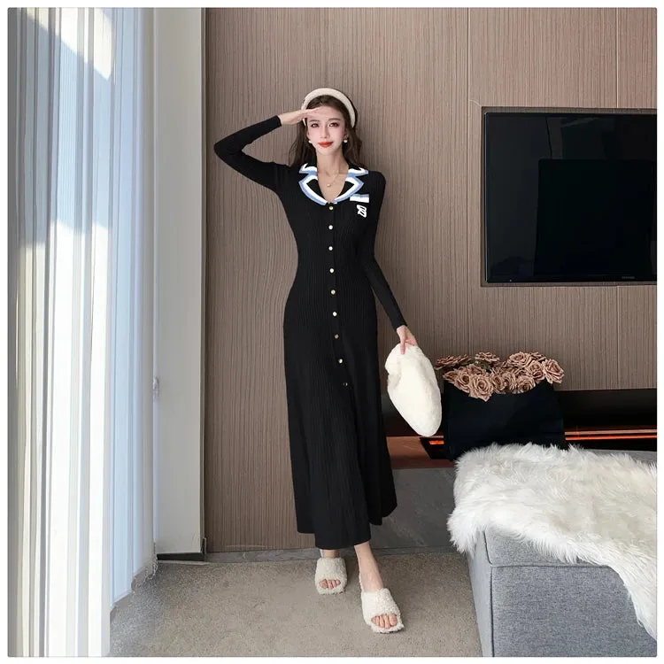 Cute Sweet Polo Collar Knitted Dresses for Women 2023 New Fashion Autumn Winter Thickening Knit Sweater Slim Ladies Long Dress