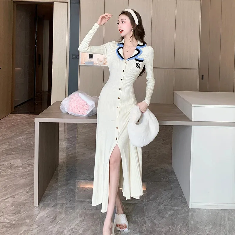 Cute Sweet Polo Collar Knitted Dresses for Women 2023 New Fashion Autumn Winter Thickening Knit Sweater Slim Ladies Long Dress