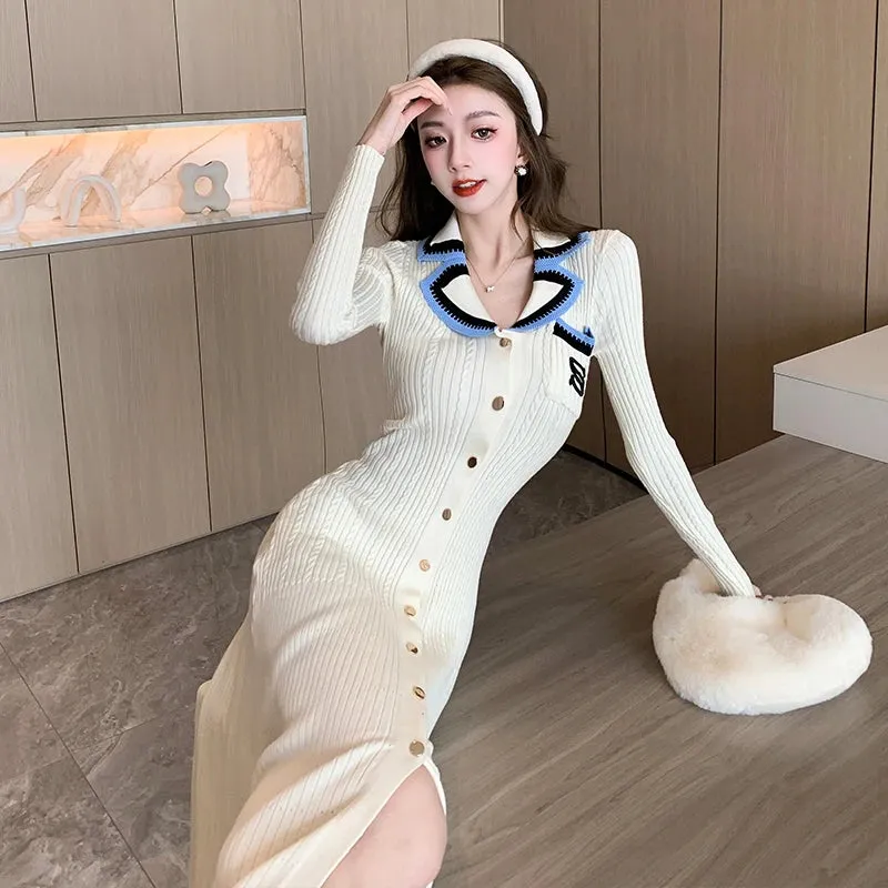 Cute Sweet Polo Collar Knitted Dresses for Women 2023 New Fashion Autumn Winter Thickening Knit Sweater Slim Ladies Long Dress