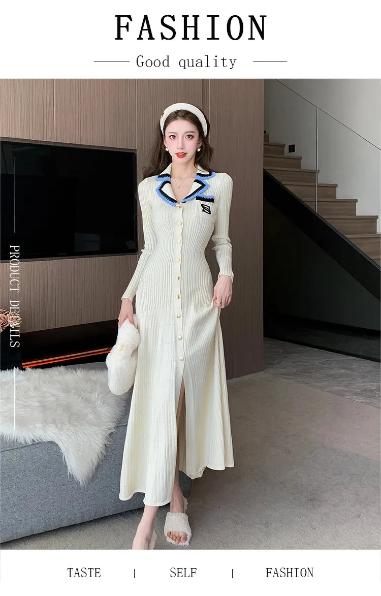 Cute Sweet Polo Collar Knitted Dresses for Women 2023 New Fashion Autumn Winter Thickening Knit Sweater Slim Ladies Long Dress